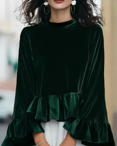 Elegant dark green silk velvet ruffled top with a high-end French aesthetic design