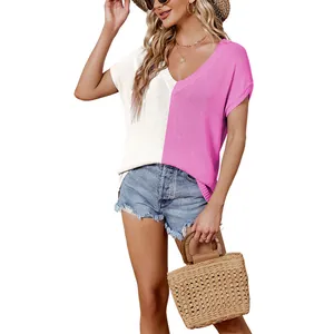 Women's loose V-neck short sleeve knit top with stylish white and pink two-tone design