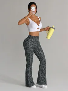 Stylische Schlag-Yogahose mit hoher Taille, Leopardenmuster und praktischen Seitentaschen