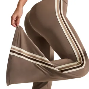 High-waisted brown micro flare yoga pants with side stripes for fitness workout