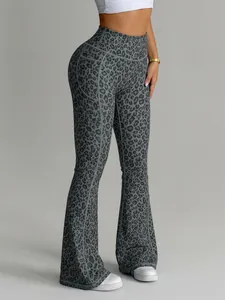 Hoch taillierte Yoga-Schlaghose mit Leopardenmuster, Bauchkontrolle und Seitentaschen