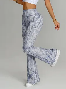 High-Waist Yoga-Schlaghose mit künstlerischem grauem Marmor-Blattmuster und Seitentaschen