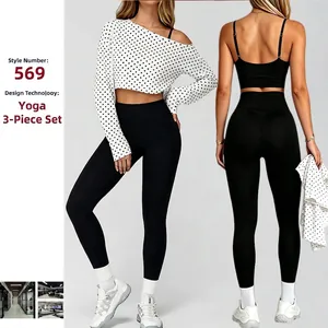Damen Nahtlose Yoga Outfit Punktmuster Langarm Achselzucken BH Und Hohe Taille Leggings Workout Sport Fitness Kleidung