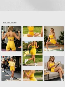 Collage d'ensemble de yoga jaune sans couture dans divers environnements.