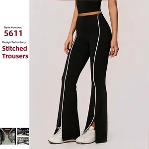 Damen High Waist Schlaghose Yoga Viskose Mischung Bauchkontrolle Slimming Leggings Seitenstreifen Vorne Schlitz Workout Fitness Hose