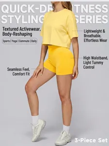 Détail d'un ensemble de fitness jaune sans couture taille haute et top