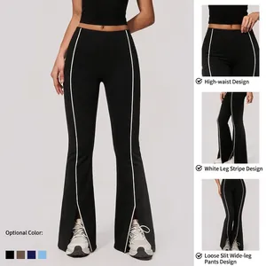 Professionelle schwarze Yoga-Schlaghose mit hoher Taille, Seitenstreifen und vorderen Schlitzen