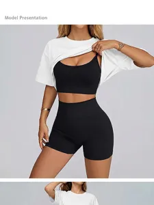 Vue détaillée d'un ensemble de yoga noir sans couture pour femme avec brassière et short