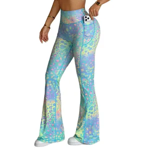 Bunte Yoga-Schlaghose mit hoher Taille, Leopardenmuster und praktischen Seitentaschen