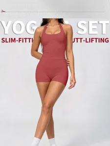 Ensemble de yoga dos nu sans couture pour femme avec débardeur et short taille haute