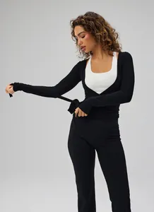 Slim fit long sleeve wrap yoga top in black for ballet and pilates workout sessions