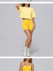 Vue détaillée de l'ensemble de yoga sans couture jaune avec haut court et short sport