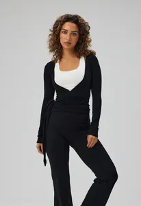 Professional ballet-style black long-sleeve wrap top for yoga and pilates workouts