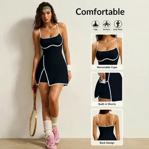 Detail view of black tennis dress with removable cups and built-in shorts for workout