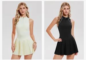Women's sleeveless half-zip tennis dress with pleated skirt in black and beige