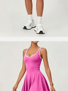 Detailed view of pink athletic skirt with texture and white chunky sneakers for sports