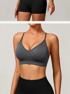Close-up of a gray seamless knitted sports bra featuring thin straps and V-neckline