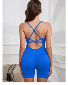 Vue arrière d'un body de yoga bleu avec bretelles croisées en tissu respirant et extensible