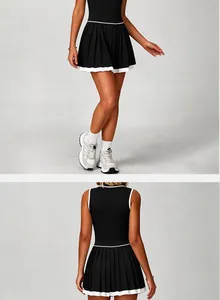 Détail recto-verso d'une robe de tennis noire sans manches avec ourlet plissé blanc