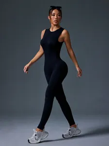 Sleek black sleeveless yoga jumpsuit for women, form-fitting athletic bodysuit fitness