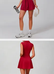 Detailed front and back views of a red athletic tennis dress with built-in shorts.