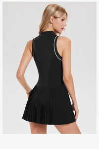 Back view of a black athletic tennis dress featuring a pleated skirt and white piping