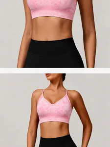 Detailed view of seamless knit pink tie-dye yoga sports bra for fitness training