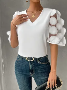 Elegant white V-neck blouse with sheer 3D mesh circle bubble sleeves