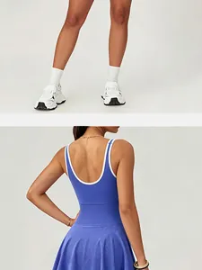 Back view detail of electric blue athletic tennis dress with white piping trim