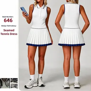 Robe de Tennis à Col Polo Contrasté pour Femmes Sans Manches Séchage Rapide Respirant Mini Robe de Sport pour Golf Plissé Robe Athlétique