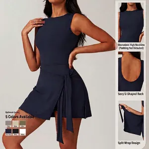 Navy blue one-piece yoga tennis dress with tie-waist wrap skirt and sexy U-back