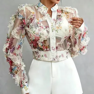 Elegant French floral sheer chiffon blouse with romantic ruffles and a standing collar