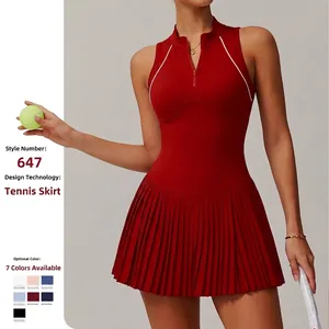 Robe de Tennis Athlétique pour Femmes Avec Short Intégré Nylon Élasthanne Col Montant Demi-Zip Sans Manches Plissé Ligne A Robe de Sport