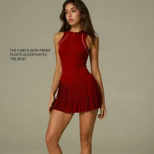 Elegant red half-zip athletic tennis dress with white piping and pleated skirt for women