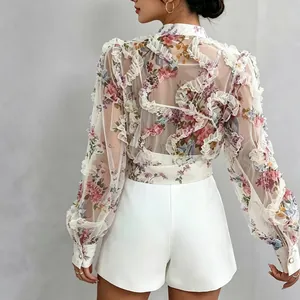 Elegant French floral sheer chiffon blouse with ruffles and stand collar for women