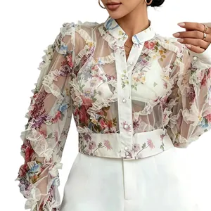 Elegant French style floral sheer chiffon shirt with ruffles and stand collar for women