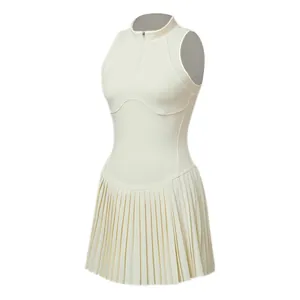 Elegant cream-white sleeveless tennis dress with half-zipper and pleated skirt hem