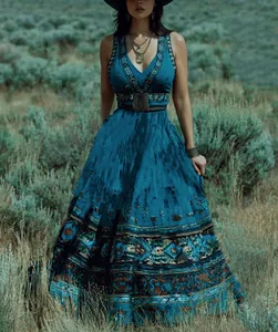 Exquisites böhmisches Maxikleid mit ethnischem Druck in Blaugrün und V-Ausschnitt Detail
