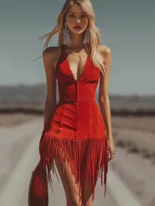 Elegant red sleeveless vest dress with long fringe hem detail for summer fashion