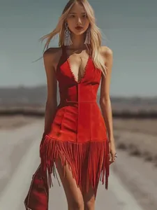 Sleeveless red mini dress featuring a deep V-neck and stylish fringe hem details.