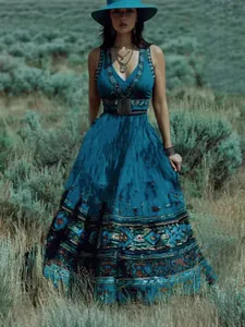 Elegante pauwblauwe vintage bohemian maxi-jurk met etnische print voor vakantieoutfits