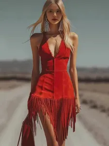 Elegant red sleeveless fringe mini dress with v-neck for spring and summer fashion