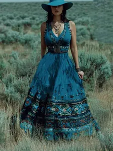 Elegante vintage Boheemse maxi-jurk met print in groenblauw voor zomervakantie buiten