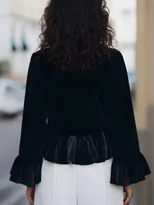 Elegant French style black silk velvet top with ruffled silk hem and cuffs for women