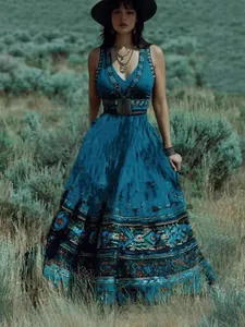 Vintage bohemien maxi-jurk met etnische print voor vakantie en zomerse strandreizen