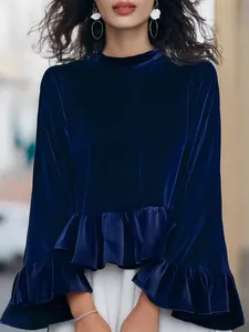 Elegant French style dark blue silk velvet top with ruffled hems and long sleeves