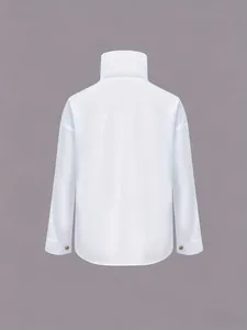 Detailed back view of an elegant white high-neck blouse with golden cuff buttons