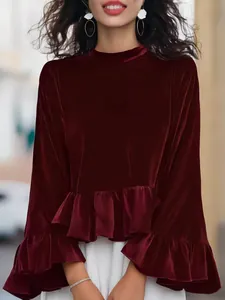 Elegant burgundy French silk velvet blouse with chic high neck and ruffle hem detail