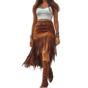 Detailed view of women's brown faux suede fringe skirt featuring a high waist bohemian style