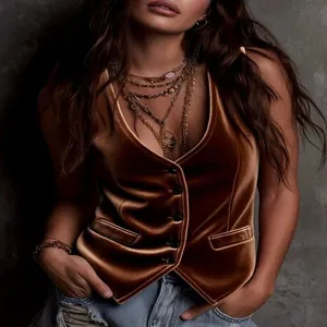 Elegante gilet in velluto bronzo da donna con bottoni, vestibilità slim e scollo a V